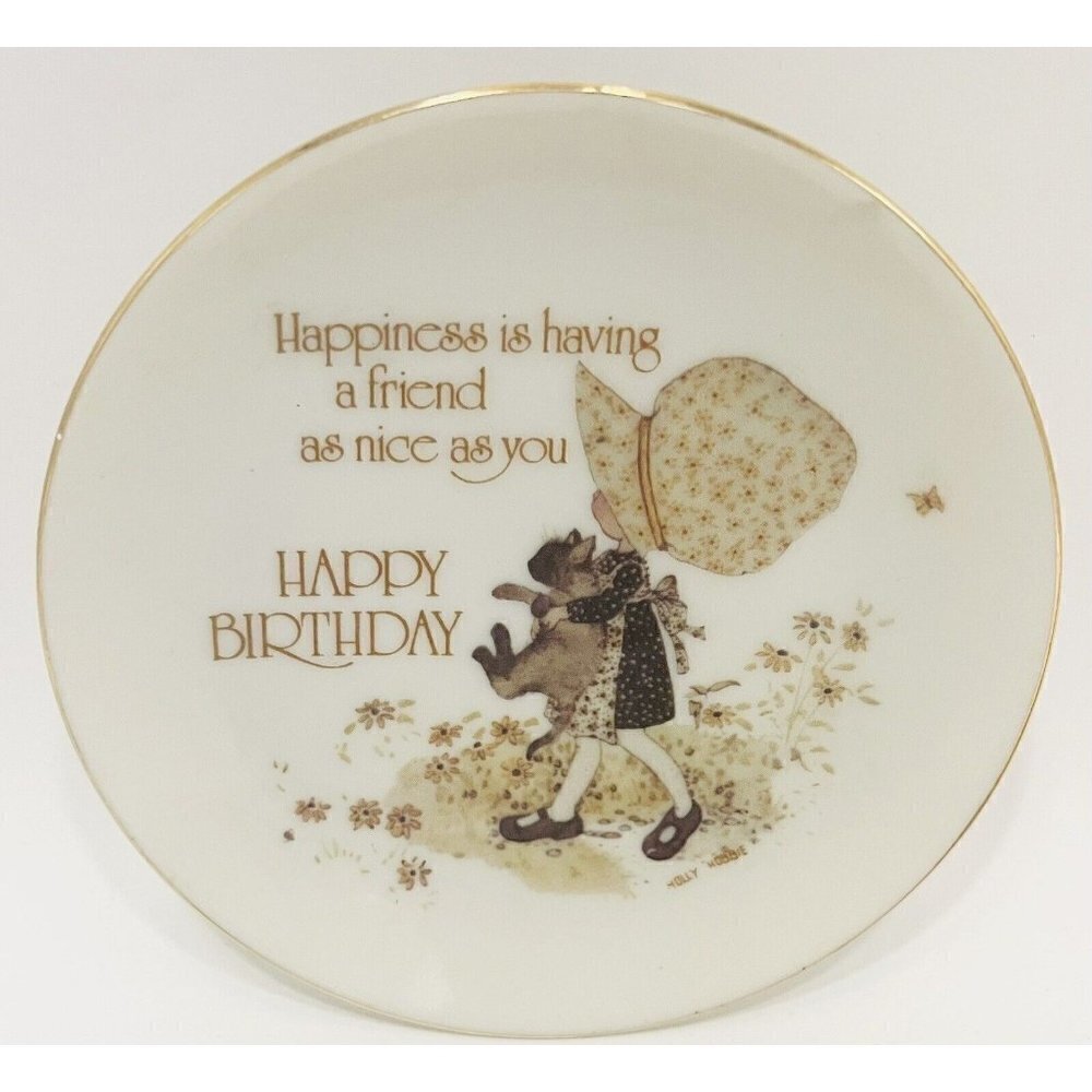 Vintage Holly Hobbie Happy Birthday Plate 4” Friend Cat 1976 Porcelain Hanging